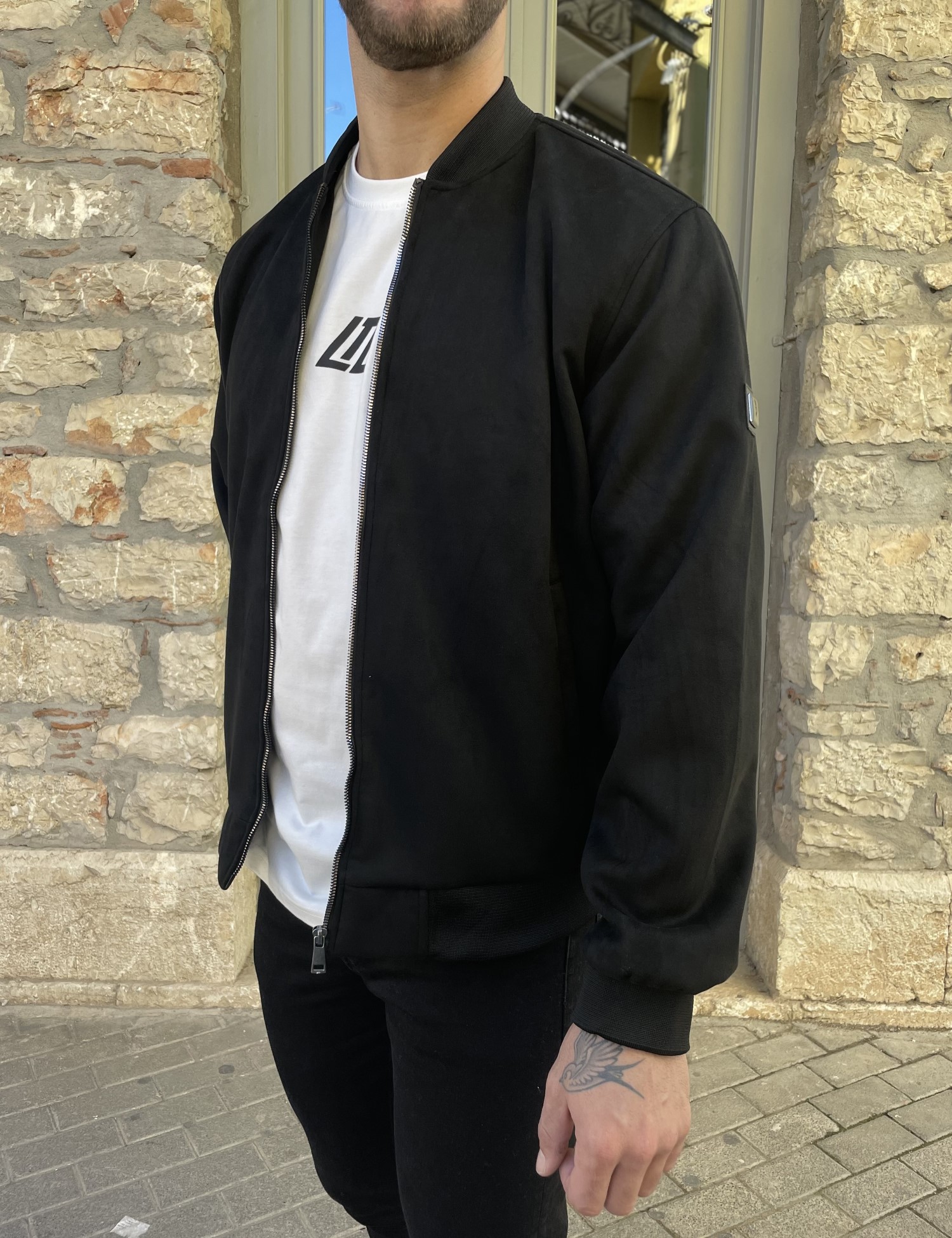 Ανδρικό μαύρο σουέτ μπουφάν Bomber HM264049 φωτογραφία